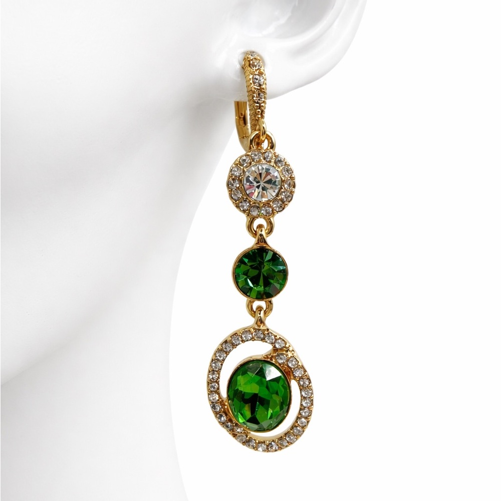 Givenchy Statement Drop Gold Tone With Green And Clear Crystals Earrings - Picture 2 of 15